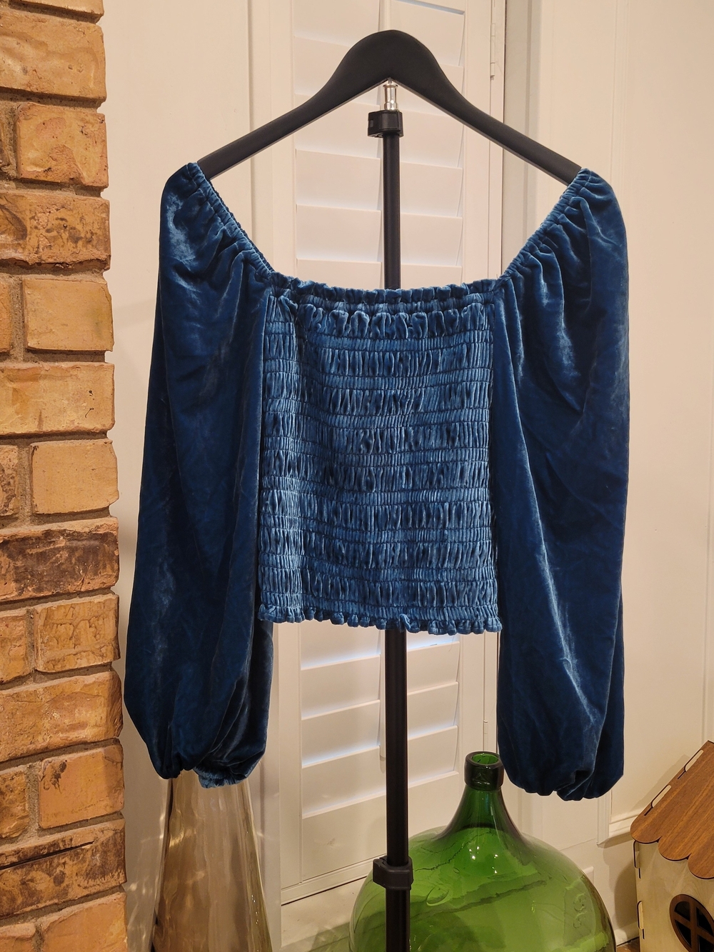 Anthropologie Velvet Smocked Off-Shoulder Top - Deep Teal Blue